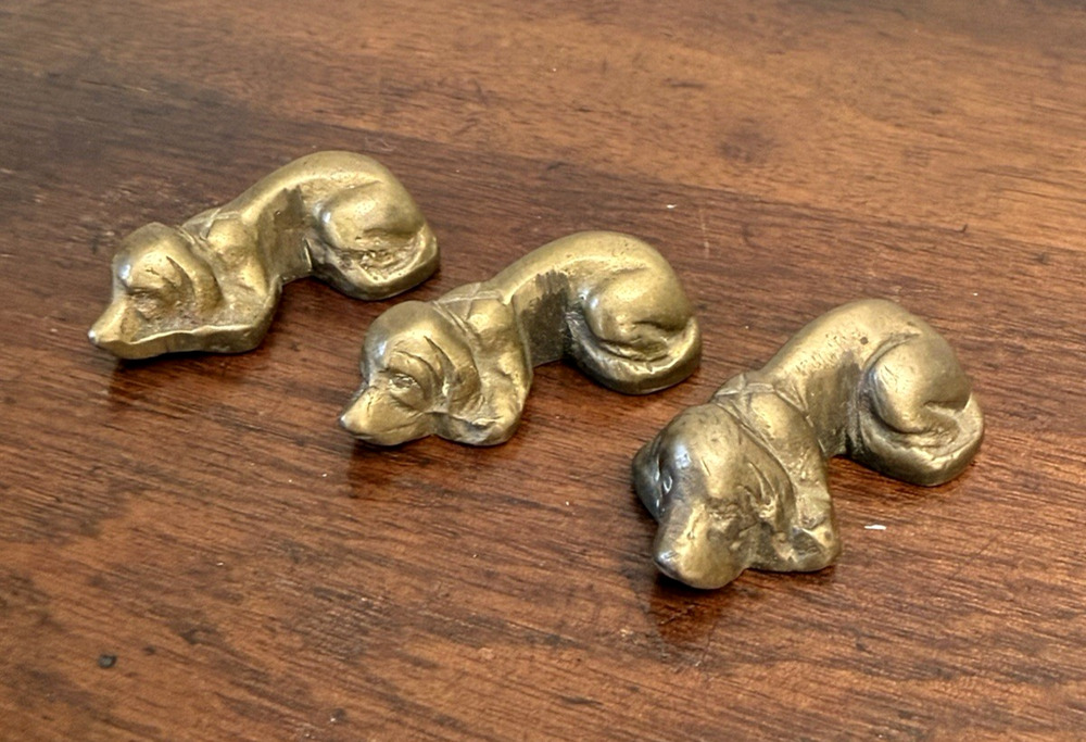 Vintage Solid Brass Hound Dog Figurines Lot of 3 Laying Dogs Made in India